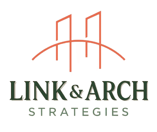 Logo for Link and Arch Strategies. With an orange bridge above green text