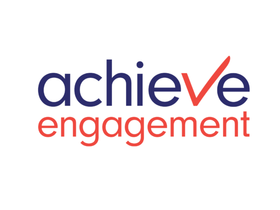 Achieve engagement logo. With achieve in blue text, with red check mark in place of the v and engagement in red text.