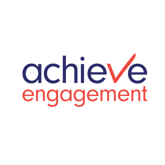 Achieve engagement logo. With achieve in blue text, with red check mark in place of the v and engagement in red text.