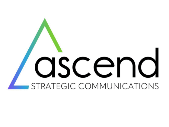 Ascend communications logo. 'Ascend' is in lower case text and 'strategic communications' is below it in all caps. To the left of the text is a blue, green, and purple triangle outline.
