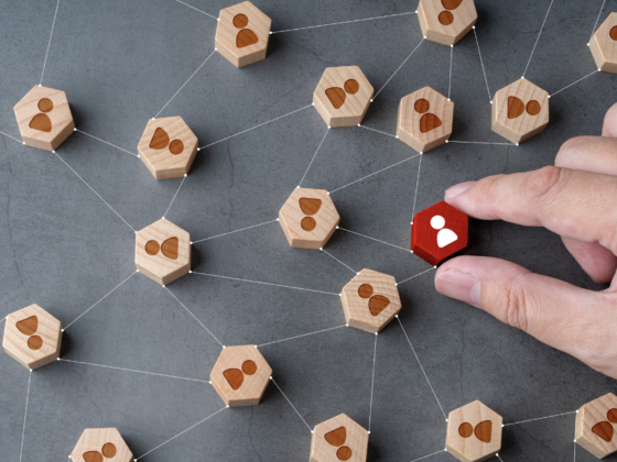 Hand holding red hexagon with white image of person. The hexagon is in a web of other wooden hexagon with human silhouettes