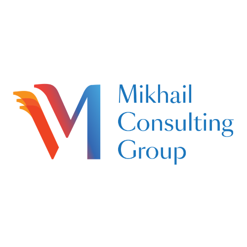 Red to blue ombre 'M'. To the right is blue text that reads ' Mikhail Consulting Group'